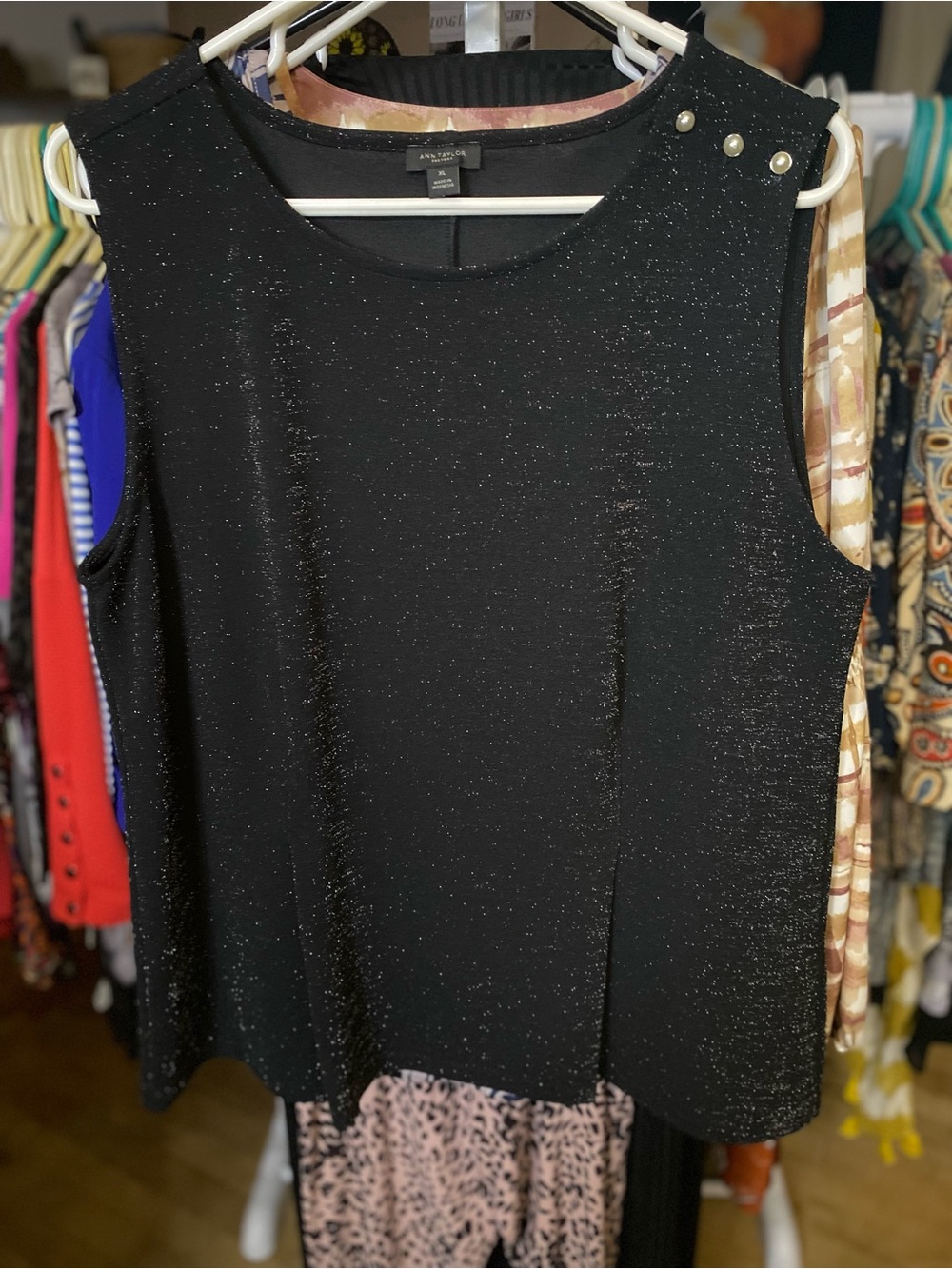Ann Taylor Factory Black Metallic Pearl-Shoulder Sleeveless Blouse